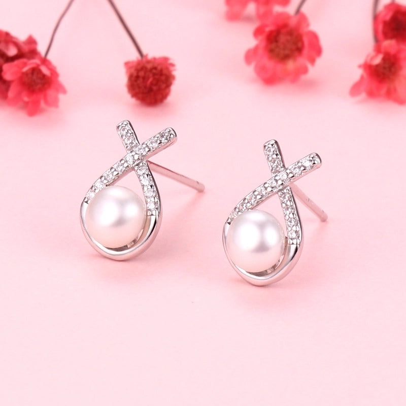 1 Pair 925 Sterling Silver Pearl Geometric Ear Studs