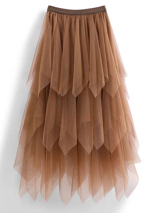 Casual Coffee Asymmetric Design Elastic Waist Tulle Skirts Spring