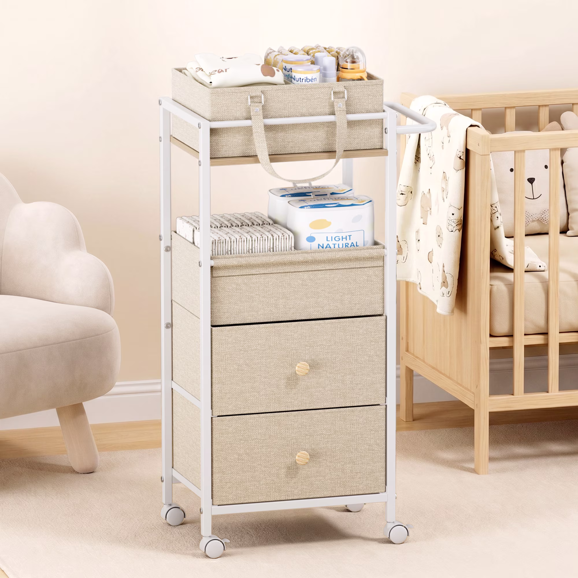 Baby Diaper Caddy Organizer Cart with Drawers - 3In1 Rolling Storage Cart with Wheels, Removable Diaper Caddy, Detachable Dividers - for Crib, Bedroom, Art & Craft Organizer (Off White)