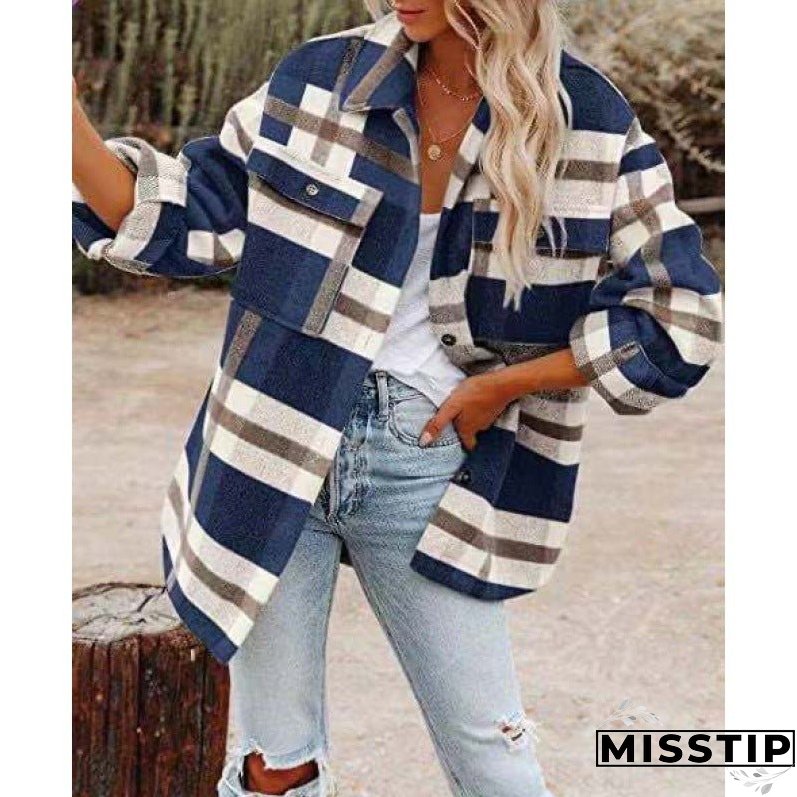 Women's Long Sleeve Loose Plaid Shirt Woolen Coats