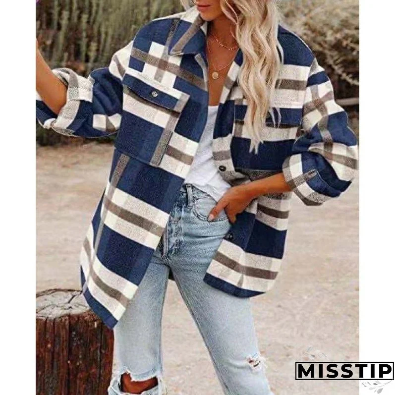 Women's Long Sleeve Loose Plaid Shirt Woolen Coats