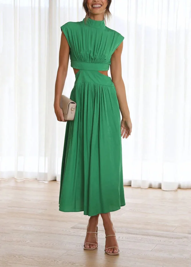 Stylish Green Stand Collar Hollow Out Patchwork Cotton Dresses Summer