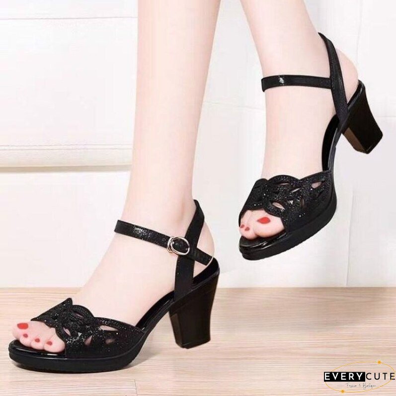New Thick Heel Sandals Women's Summer Fish Mouth Women's Shoes Rhinestone High Heels Women's Black Mother Shoes Women