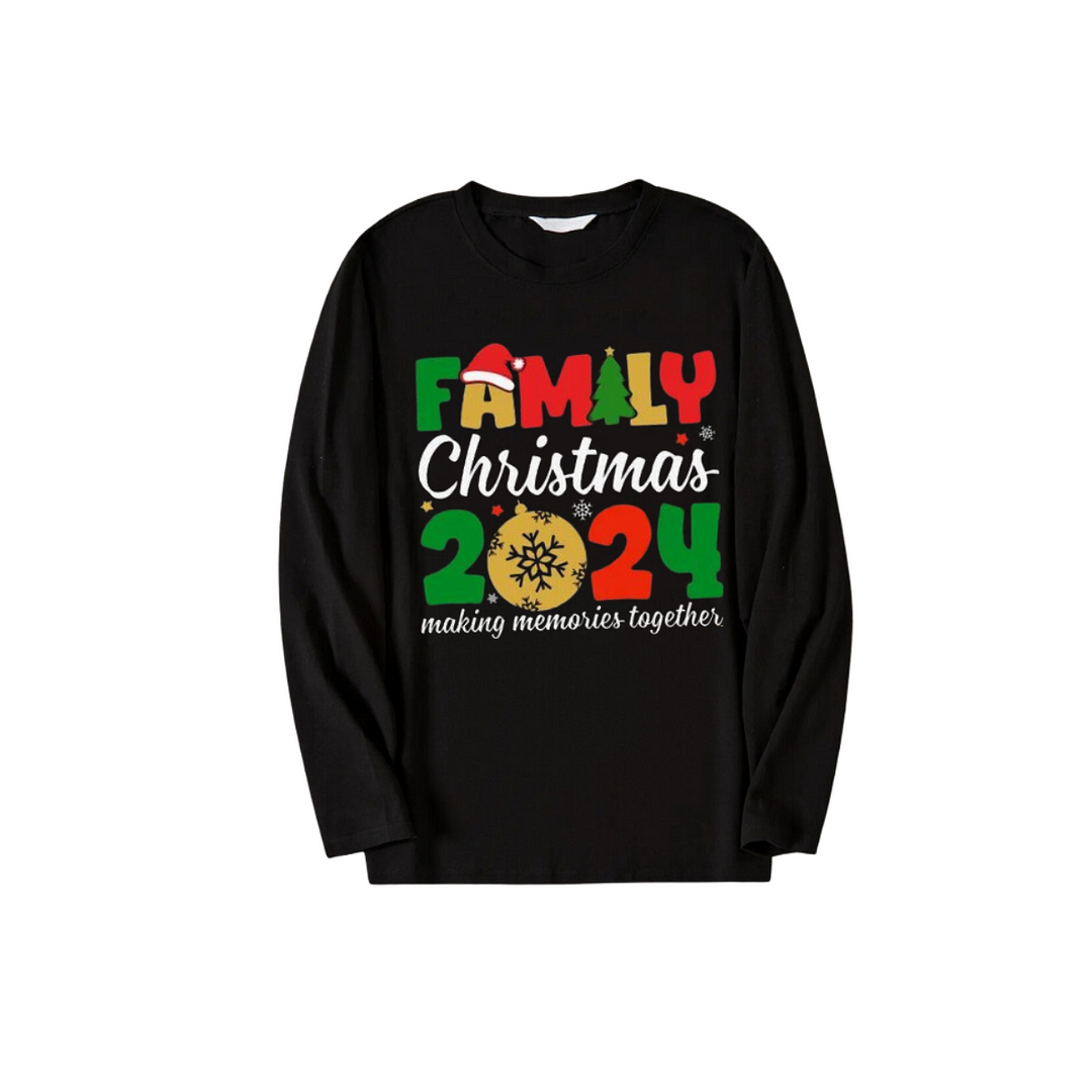 "Family Christmas 2024" Coloful Text Pattern Black Long Sleeve Top