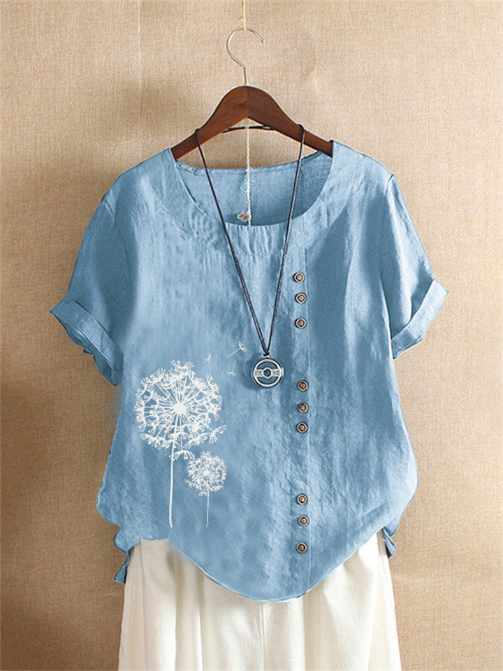 Women's Summer Retro Large Size Casual Loose Cotton Dandelion Short-sleeved T-shirt