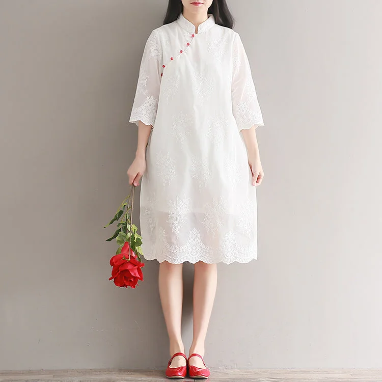 Elegant white chiffon dress Stand Half sleeve party dress patchwork embroidery beach dress