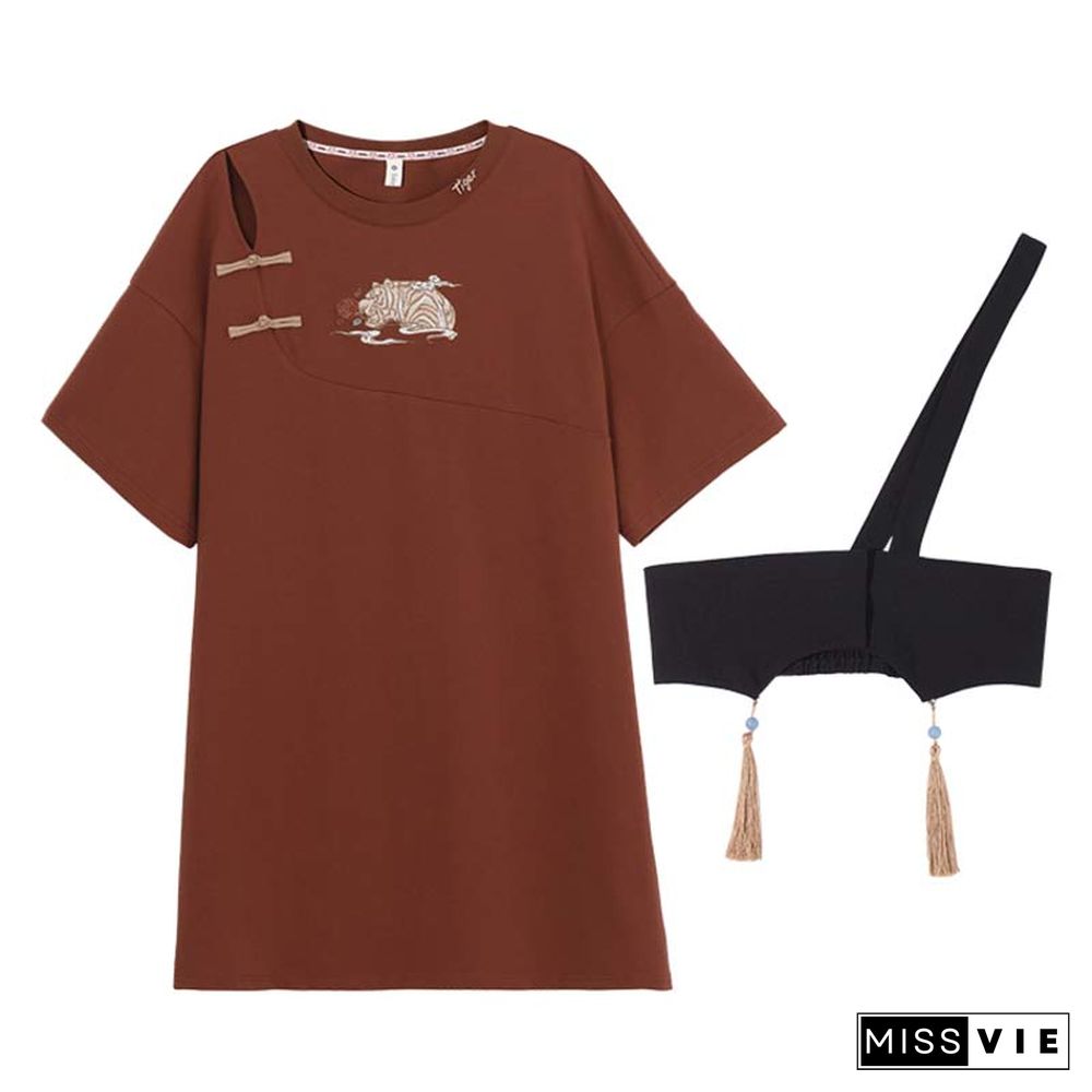 Vintage Embroidery Buckle Tasesel Vest Loose T-Shirt Dress