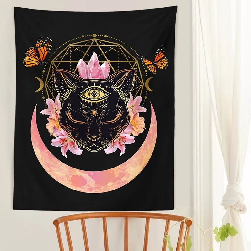 Cat Witch Tapestry Wall Hanging moon star Tarot Butterfly Psychedelic black Trippy Tapestry Psychedelic Wall Prints Wall Decor