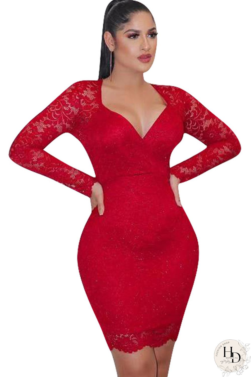 Red Lace Casual Cap Sleeve Long Sleeves V Neck Step Skirt Knee-Length lace Solid Patchwork Broken flower