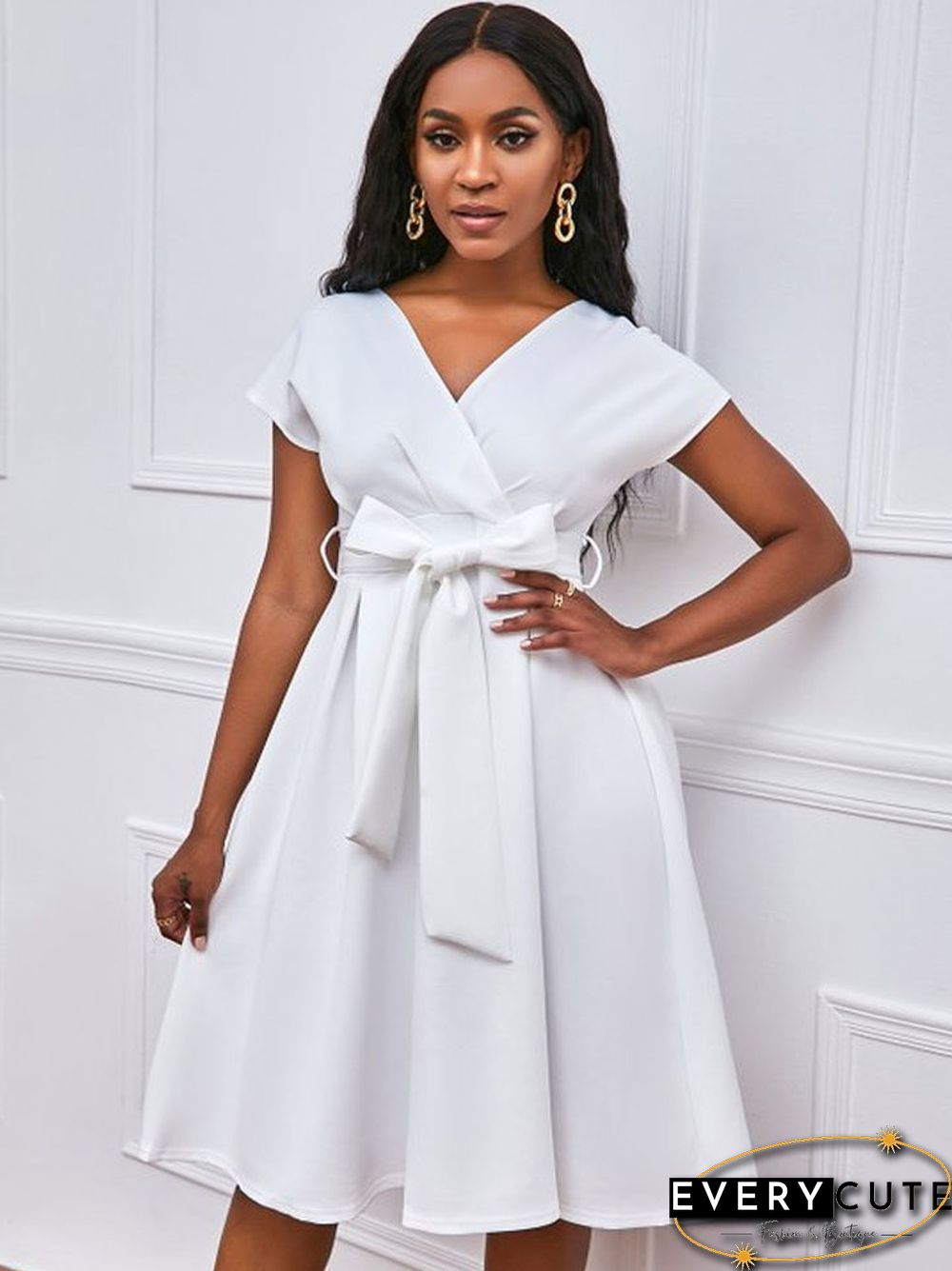 V-neck Solid Color Waist Bow Tie Dress White Dresses