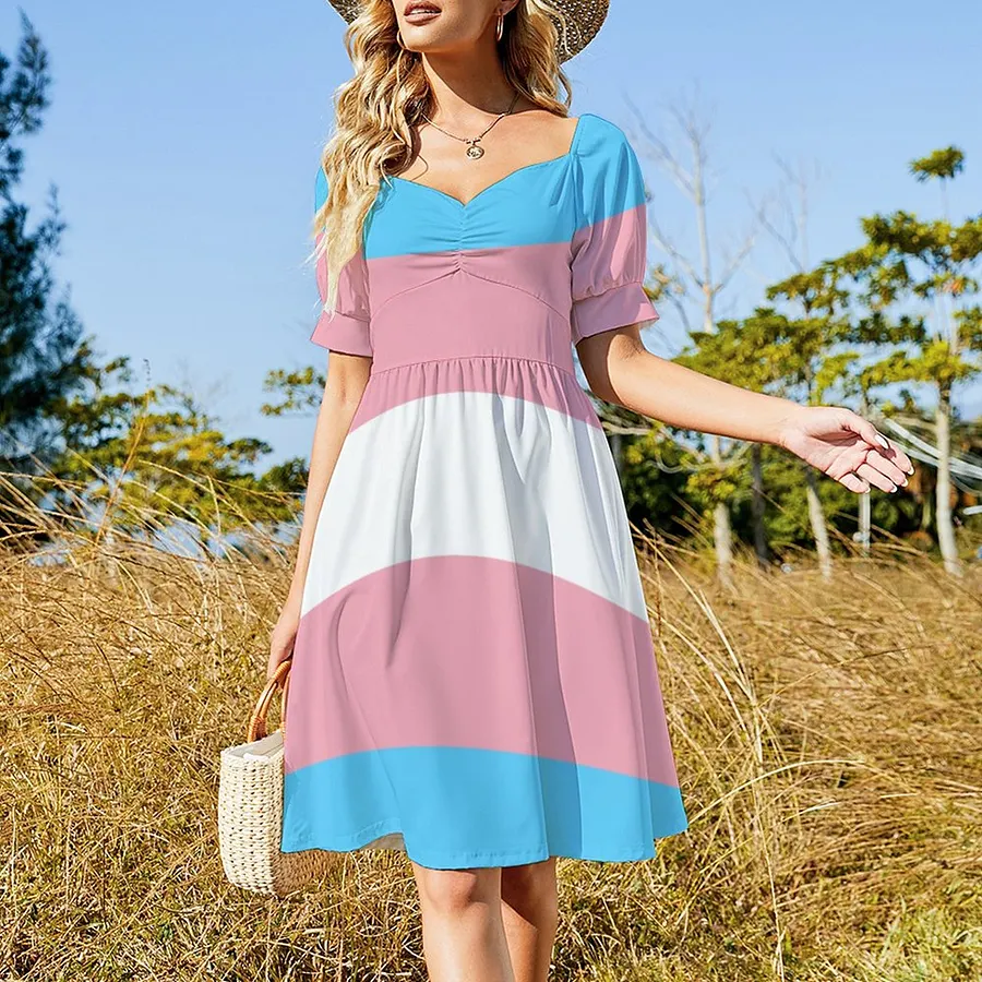 Transgender Pride Flag LGBT Rainbow Dress Women Boho High Waist Flared Puff Sleeve Cute Sweetheart Midi Dress Flag-6XL