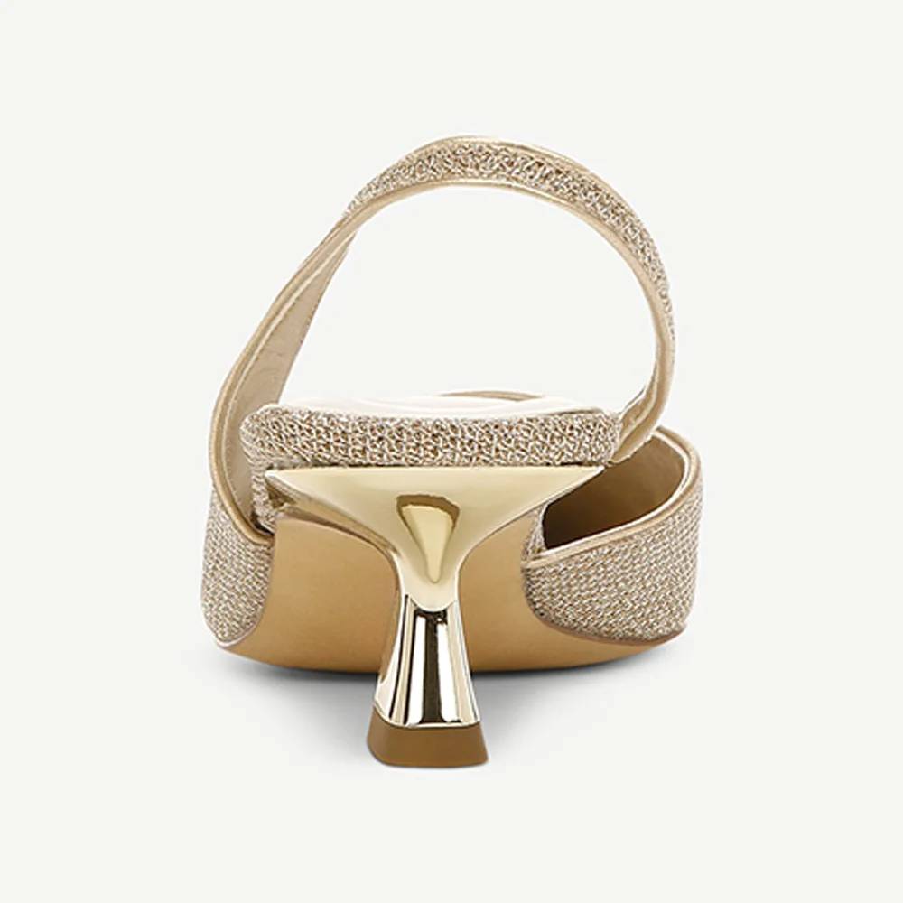 Women's Fashion Gold Fabric Pointed Toe Slingback Kitten Heels