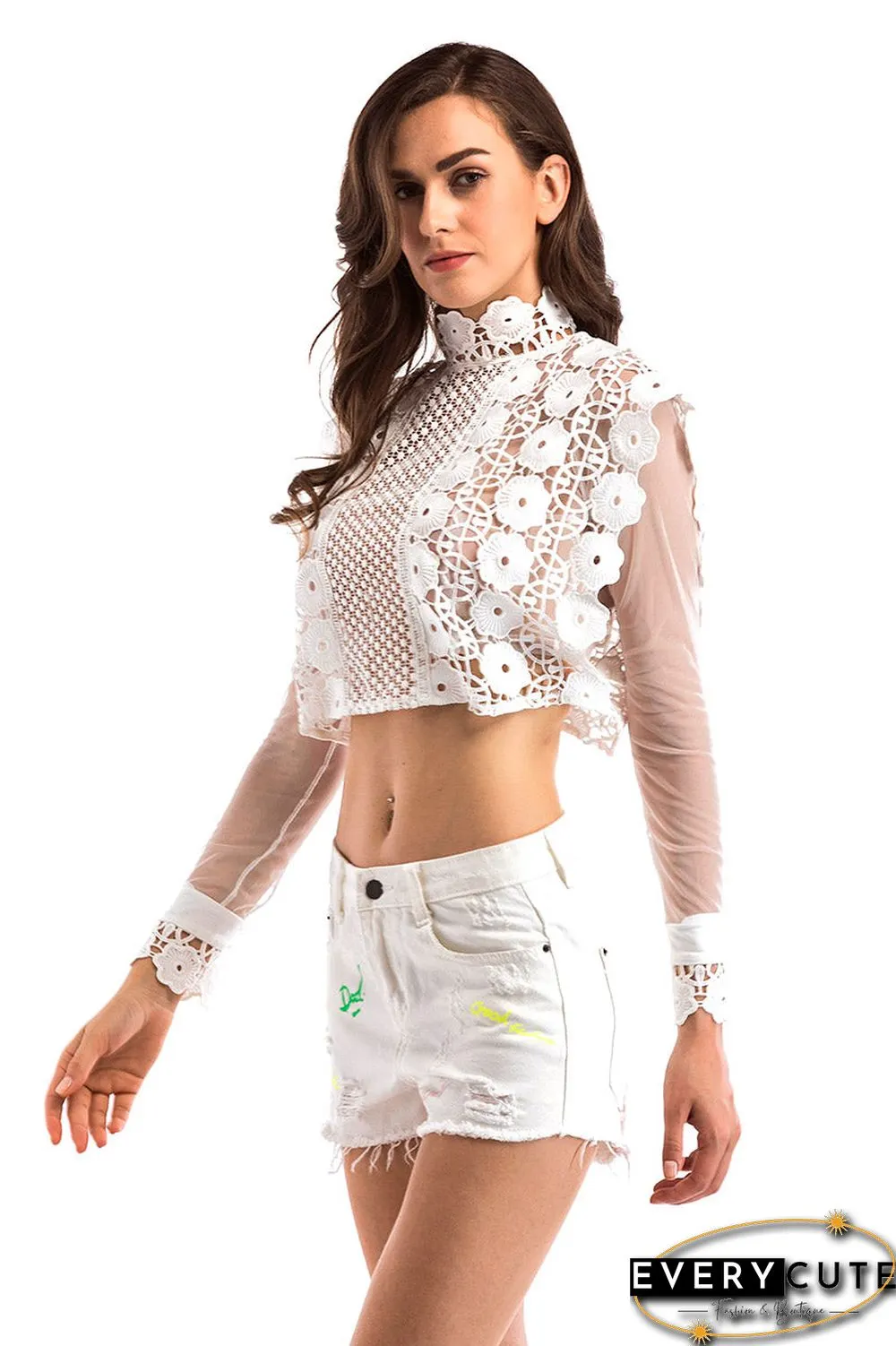 White High Neck Lace Cut Out Top With Long Sleeves