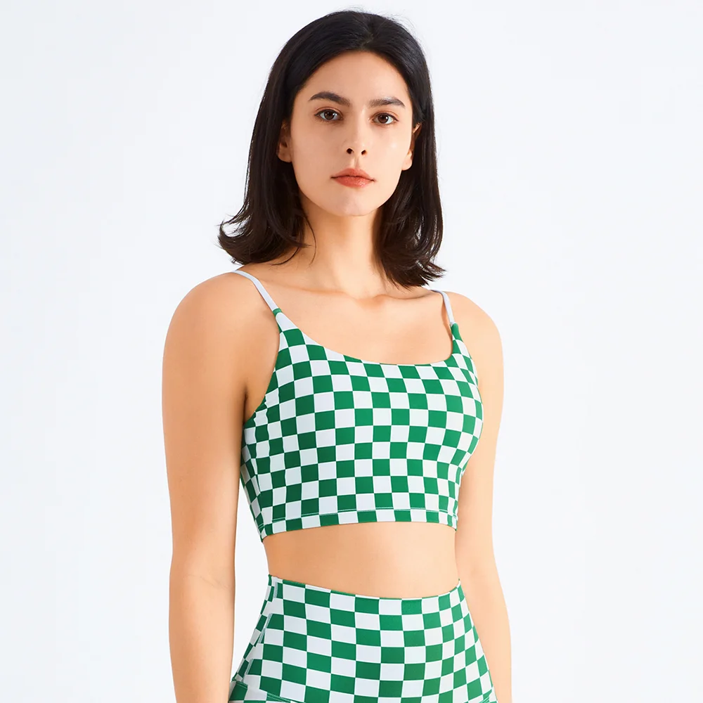 Hergymclothing green high support u neck fake 2 peices checkerboard print sports vest bra for sale