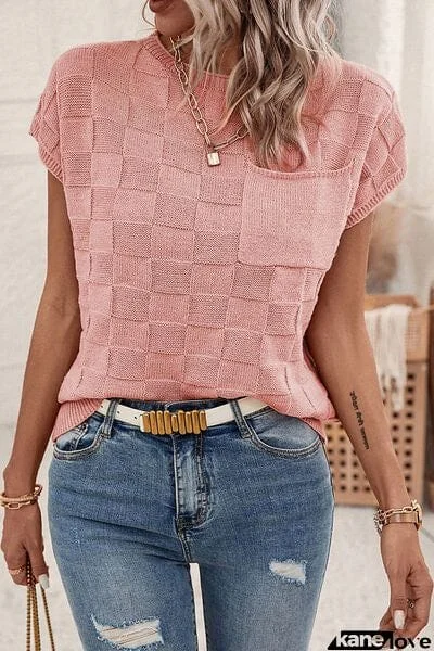 Plaid Pocketed Round Neck Sweater
