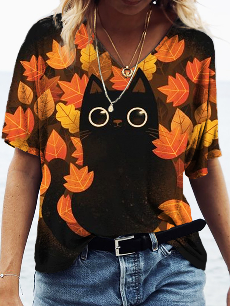 Animal Cat Fall Art Print V Neck T Shirt artswardrobe