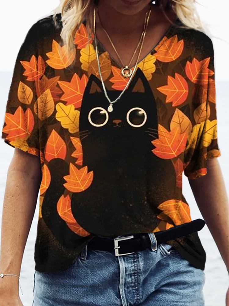 Animal Cat Fall Art Print V Neck T Shirt