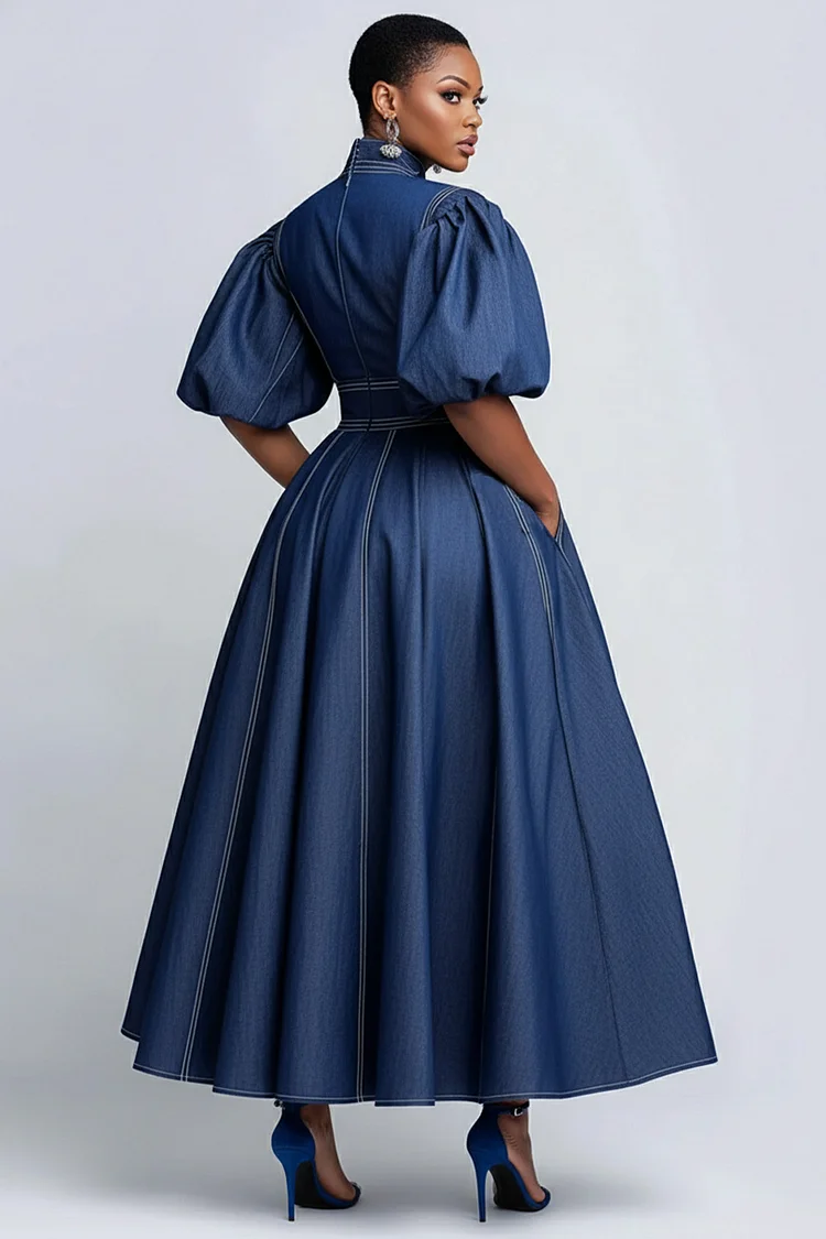 mock neck denim dress Turtleneck Denim Dress Trendy High-Slit Tunic