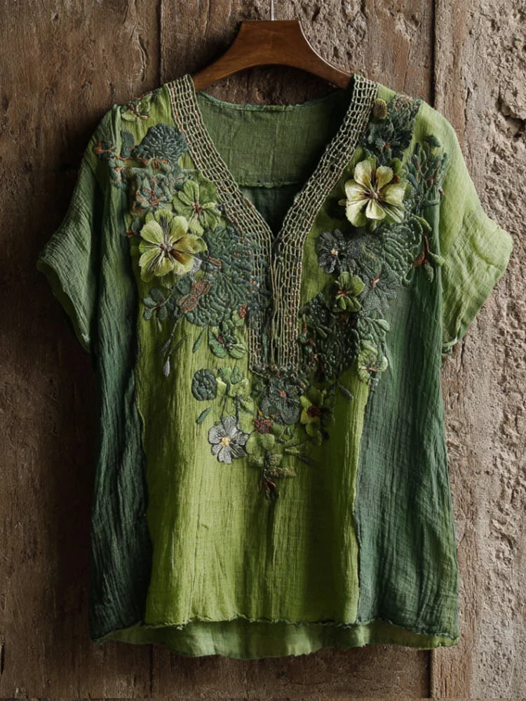 Bohemian-style Tropical Rainforest Three-dimensional Flower Embroidery Grass Green V-neck Short-sleeved Shirt