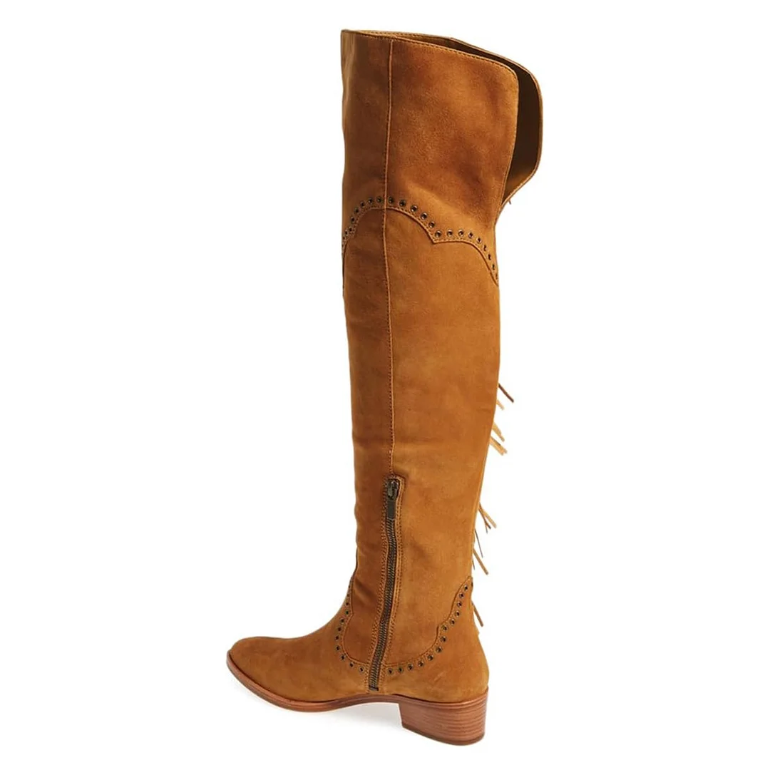 Tan Closed Toe Studded Fringe Over The Knee Boots for Women