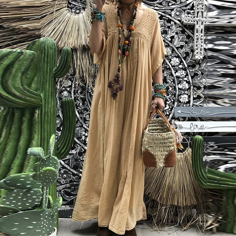 Women Lace Crochet Maxi Long Dress ZANZEA Summer 3/4 Sleeve Party Vestido Robe Femme Bohemian Sundress Casual Loose Autumn Dress