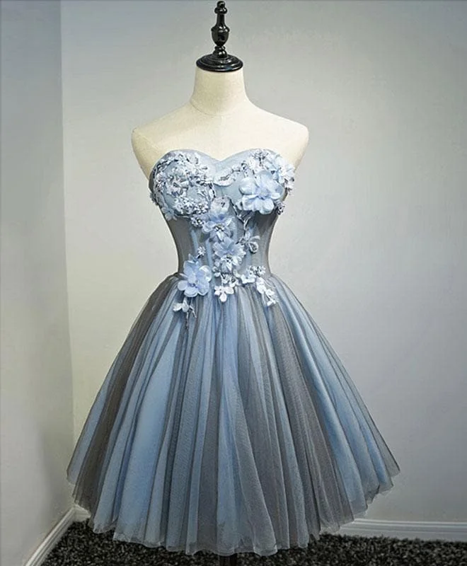 Gray Blue Sweetheart Neck Tulle Short Prom Dress, Homecoming Dress