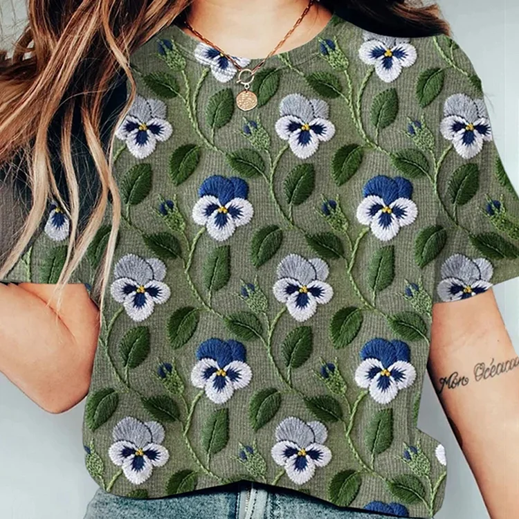 🔥kukelife🔥Embroidery Small White Flowers Print Short Sleeve Tees