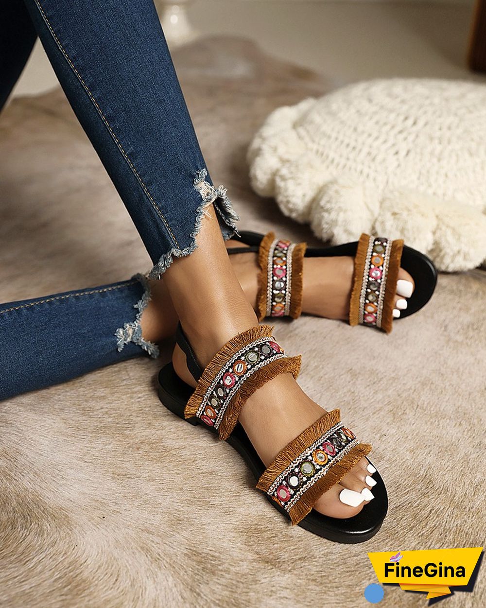 Boho Tassel Patchwork Roune-toe Flat Sandals