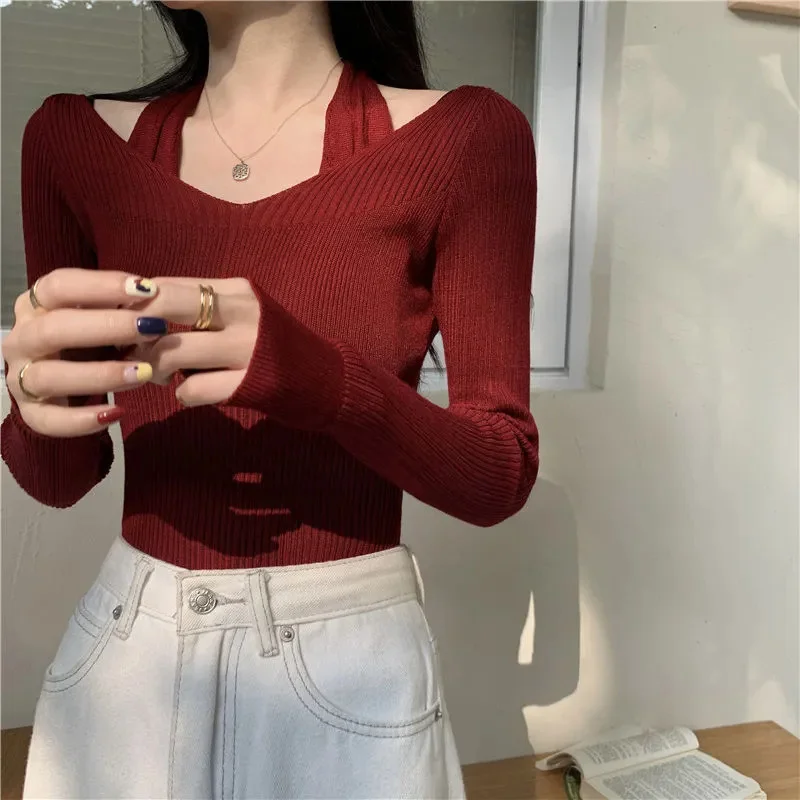 Uveng Uveng Two Knitted Shirt Women Spring New Sexy Slimy V Collar Hanging Neck Long Sleeve Bottom Shirt