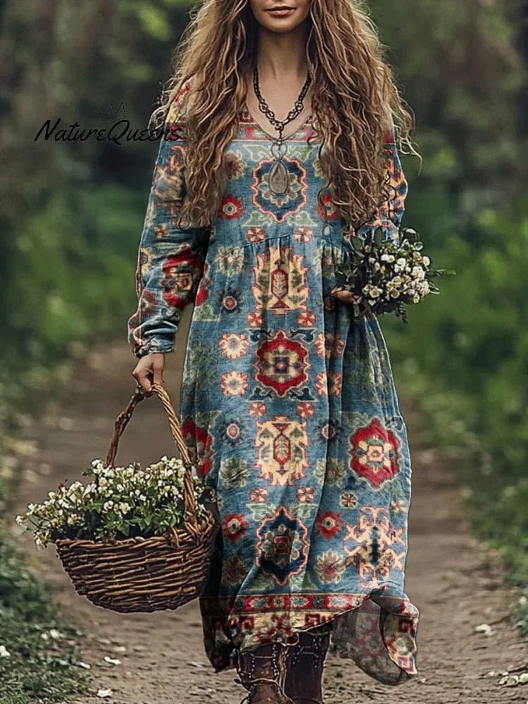 Women's Retro Moroccan Flowers Print Pocket Cotton Dress