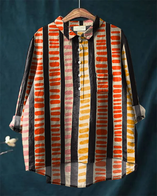 Vintage Striped Abstract Art Print Cotton and Linen Casual Shirt