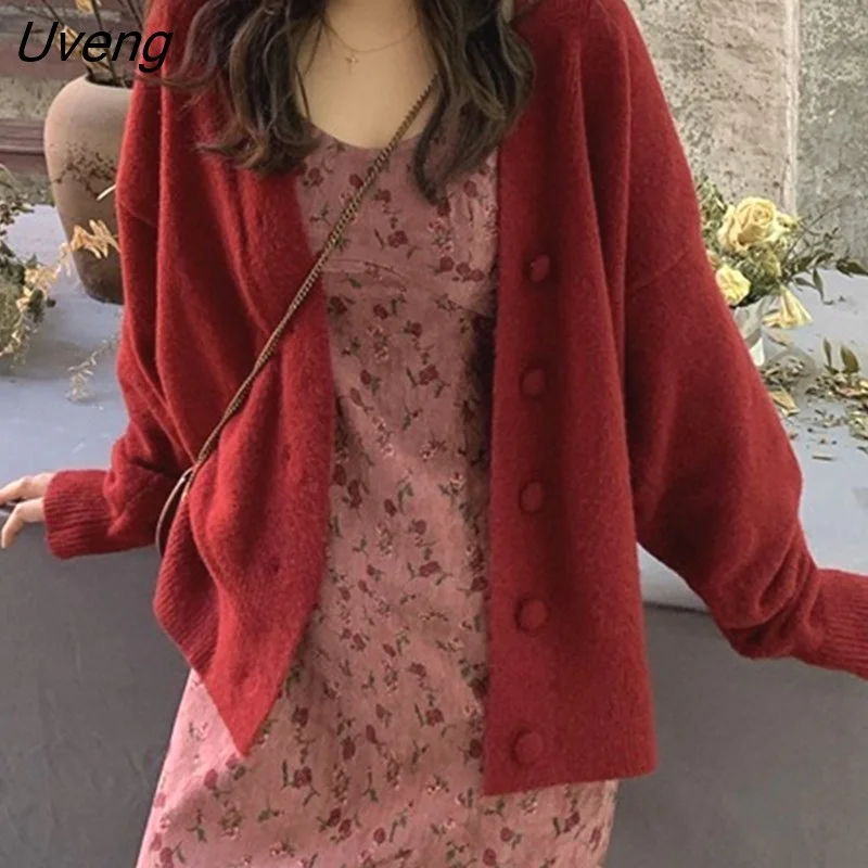 Uveng Korea Feminine Vestidos Women New Year Red Matching Outfits Autumn Fall New Japan Girls Pink Long Cotton Corduroy Dress