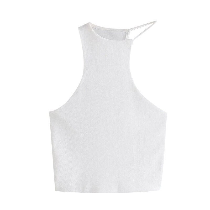 TRAF Women Sexy Fashion Irregular Cropped White Knit Tank Tops Vintage Sleeveless Fitted Slim Female Camis Mujer