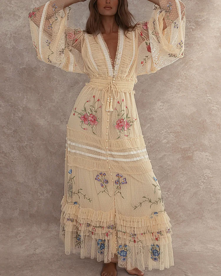 Luxe Dot Mesh Tulle Floral Embroidery Lace Dress