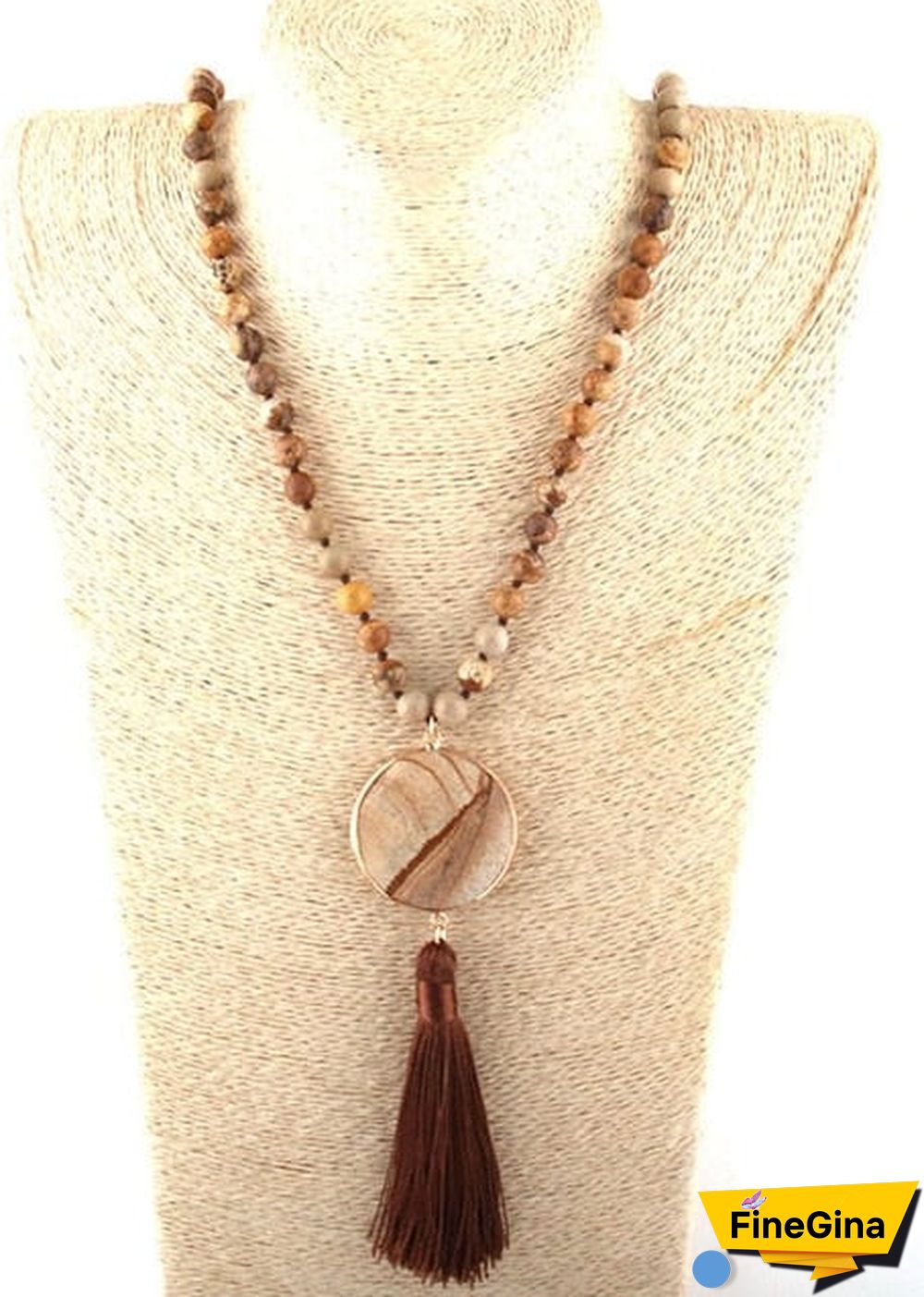Boho Necklace, RH Amazonite Jasper, Circle Tassel Green White Natural Stone