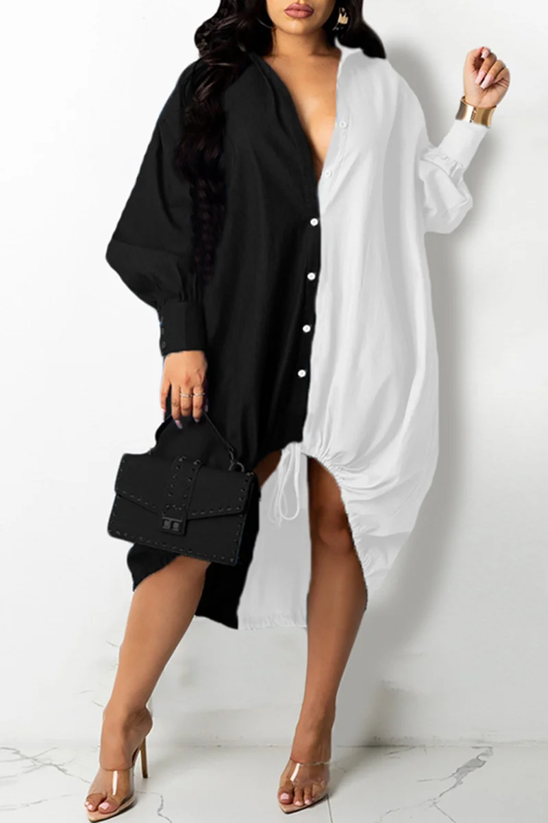 Black Fashion Casual Plus Size Solid Split Joint Asymmetrical Turndown Collar Shirt Dress