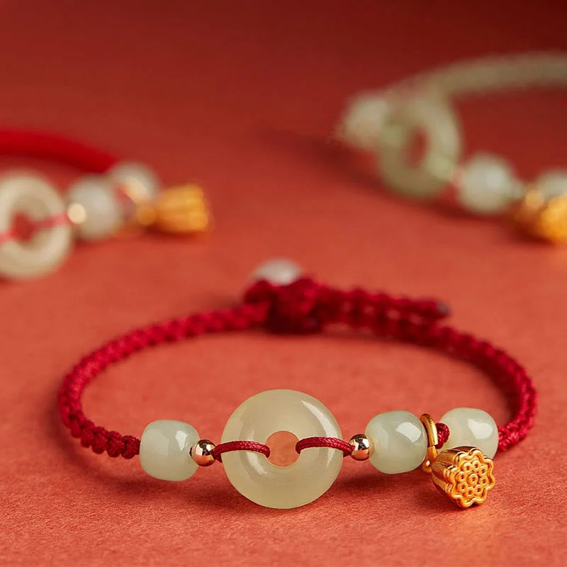 Round Peace Buckle Jade Lotus Happiness Abundance Wealth String Bracelet