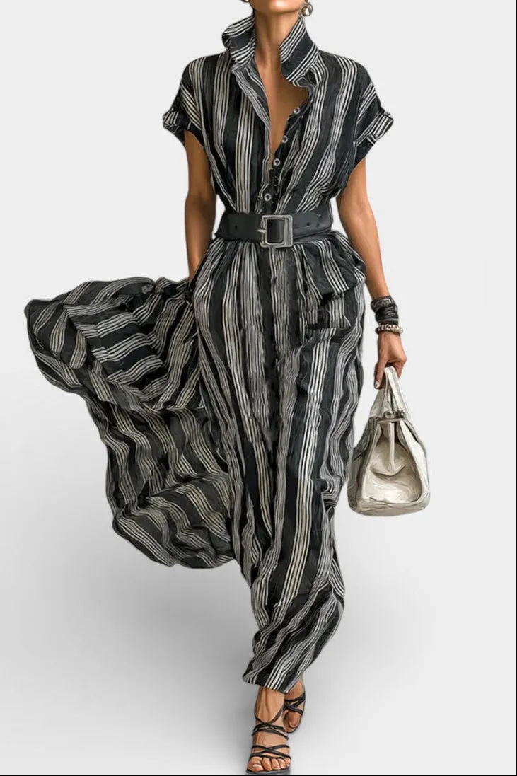 Striped Maxi Shirt Dress with Belt and Ruffled Skirt