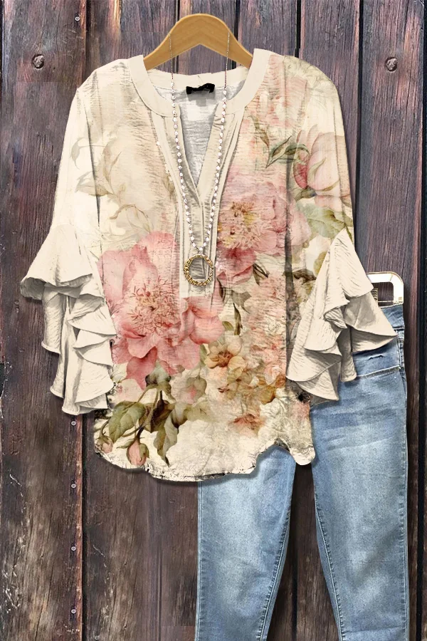 Elegant Floral Print Ruffle Sleeve Top