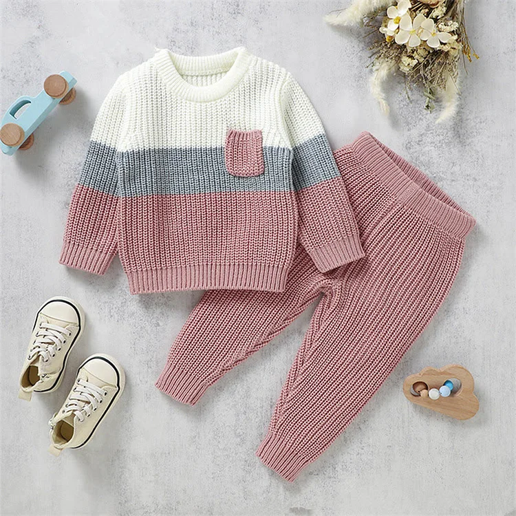 Baby Knitted Pocket Color Block Casual 2 Pieces Set
