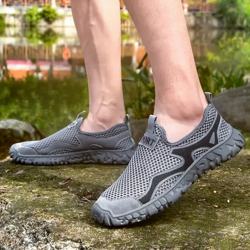Men's Breathable Mesh Sneakers Round Toe Thick Sole Slip on Loafers Solid Colour Shallow Mouth Lightweight Hiking Shoes