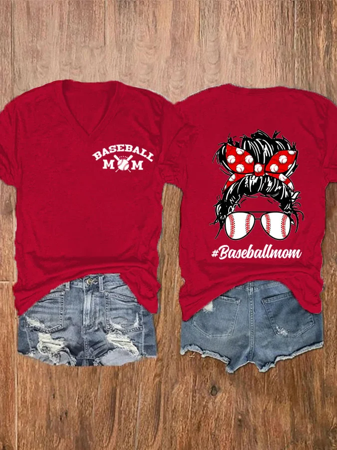 Women's Baseball Mom Print V-Neck Casual T-Shirt socialshop