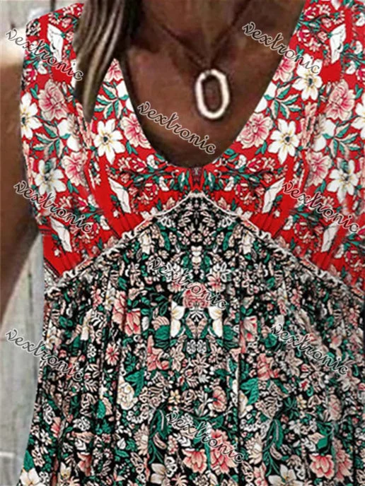 Women Sleeveless Scoop Neck Floral Printed Stitching Women Tops