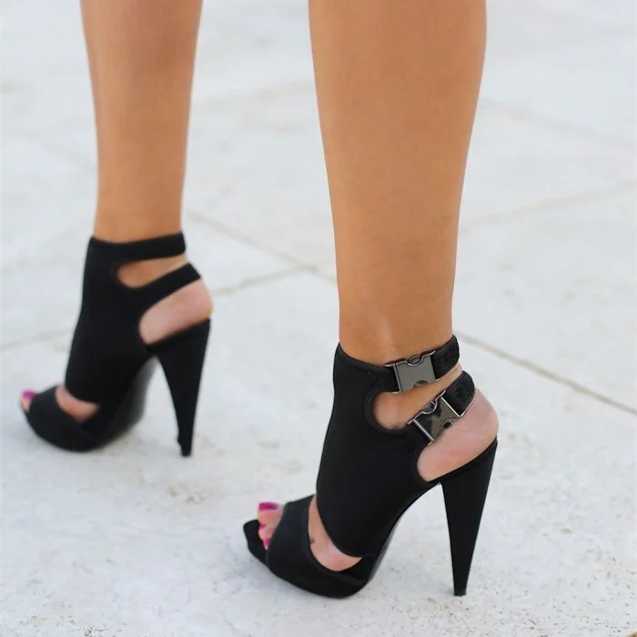 Black Slingback Heels 5 Inches Cone Heels Open Toe Sandals |FSJ Shoes