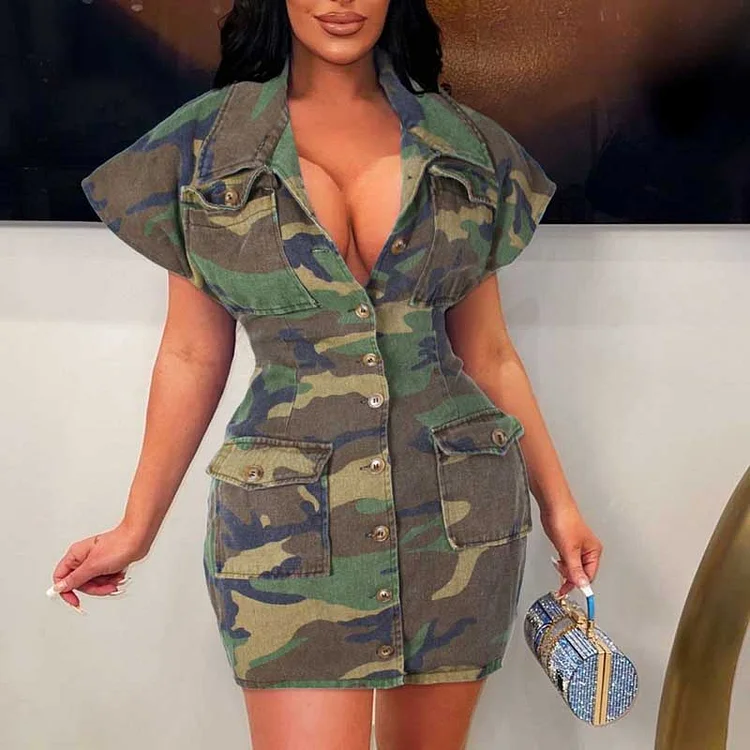 Camouflage Print Deep V-Neck Collared Bodycon Dress - IRBOOM Fashion Clothing