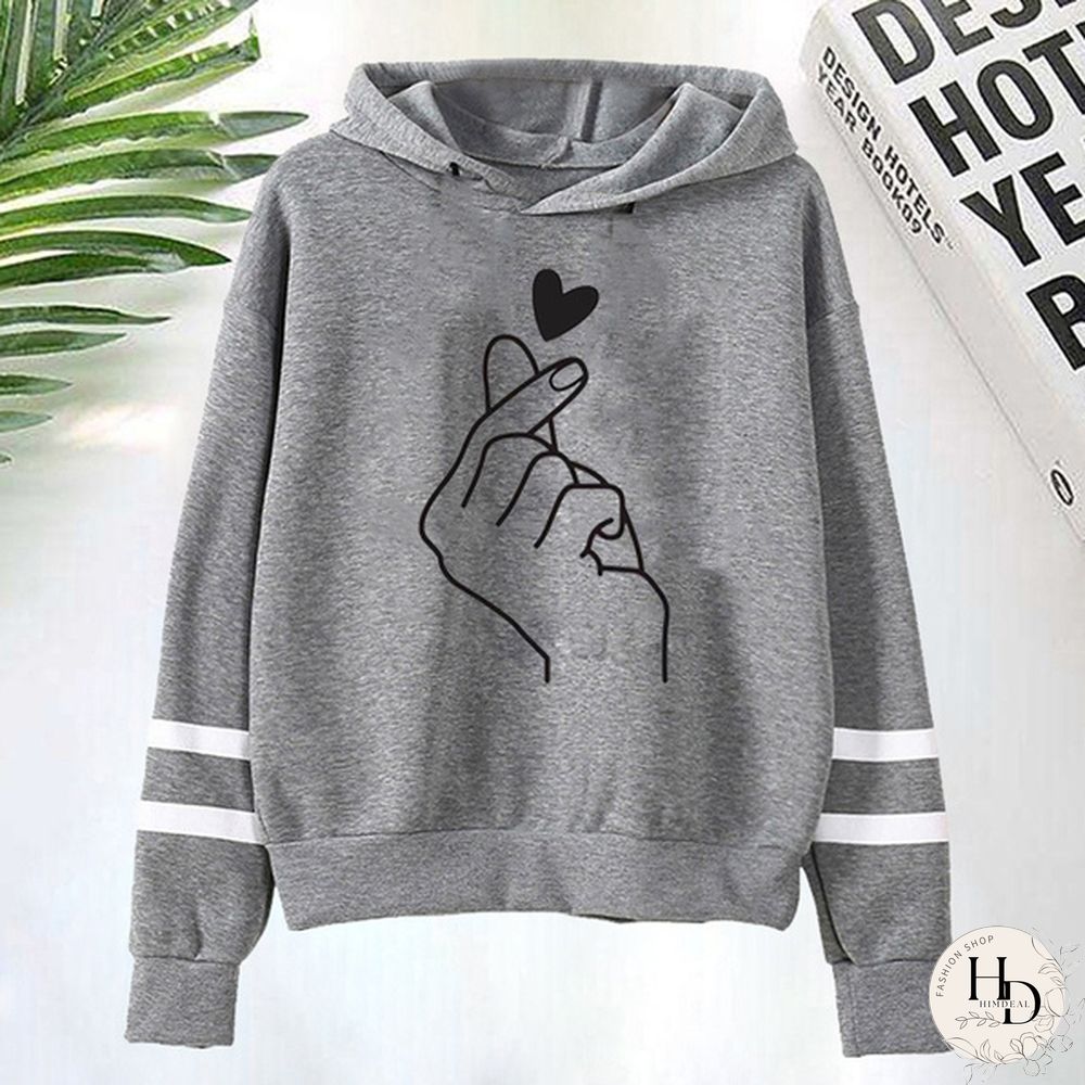 Fashion Love Gesture Style Hoodies Pullover Women Printed Casual Sport Outdoor Pocket Long Sleeve Hooded Sweatshirts Coat