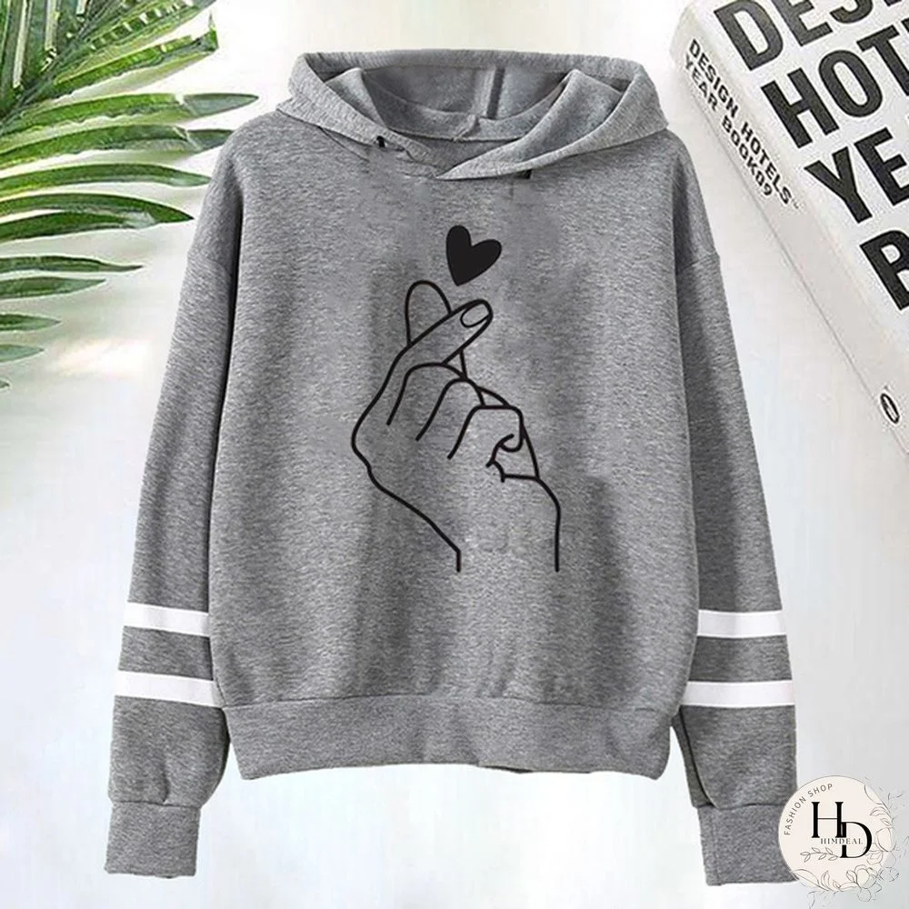 Fashion Love Gesture Style Hoodies Pullover Women Printed Casual Sport Outdoor Pocket Long Sleeve Hooded Sweatshirts Coat