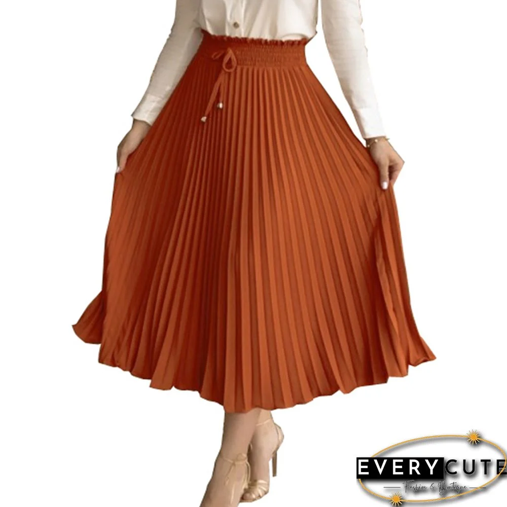 Orange Pleated Lace-up High Waist Skirt