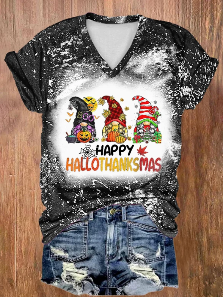 V-neck Tie Dye Happy Hallothanksmas Gnomes Print T-Shirt