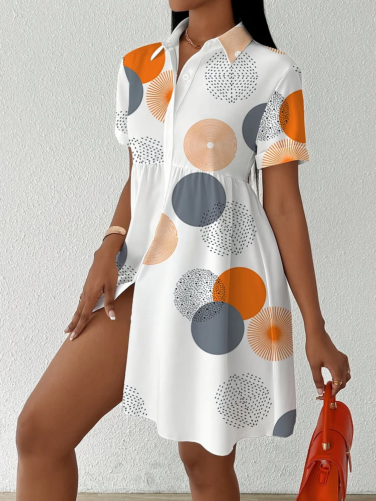 Polyester Summer Mini Dress For Women | Elegant Short Sleeves, Notched Lapel Collar, A-Line Silhouette, Machine Washable | Multi-Color Circular Patterns, Casual Chic Style, Glossy Texture, Chic ShirtDress